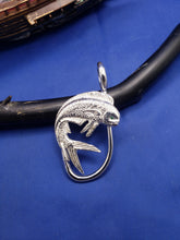 Load image into Gallery viewer, Large Unique Sterling Silver Curved Mahi with Green Eye and Fish Hook Pendant