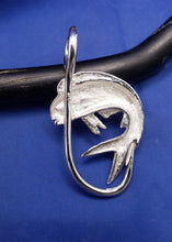 Load image into Gallery viewer, Large Unique Sterling Silver Curved Mahi with Green Eye and Fish Hook Pendant
