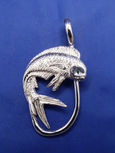 Load image into Gallery viewer, Large Unique Sterling Silver Curved Mahi with Green Eye and Fish Hook Pendant