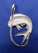 Load image into Gallery viewer, Large Unique Sterling Silver Curved Mahi with Green Eye and Fish Hook Pendant