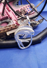 Load image into Gallery viewer, Large Unique Sterling Silver Curved Mahi with Green Eye and Fish Hook Pendant