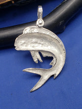 Load image into Gallery viewer, Sterling Silver Jumping Curved Mahi Mahi Dolphin Pendant with Green Gemstone Eye and Shackle Bail (Copy)