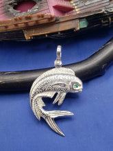 Load image into Gallery viewer, Sterling Silver Jumping Curved Mahi Mahi Dolphin Pendant with Green Gemstone Eye and Shackle Bail (Copy)
