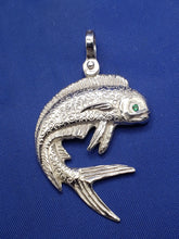 Load image into Gallery viewer, Sterling Silver Jumping Curved Mahi Mahi Dolphin Pendant with Green Gemstone Eye and Shackle Bail (Copy)