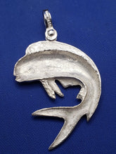 Load image into Gallery viewer, Sterling Silver Jumping Curved Mahi Mahi Dolphin Pendant with Green Gemstone Eye and Shackle Bail (Copy)