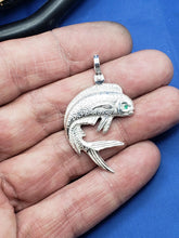 Load image into Gallery viewer, Sterling Silver Jumping Curved Mahi Mahi Dolphin Pendant with Green Gemstone Eye and Shackle Bail (Copy)