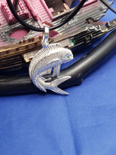 Load image into Gallery viewer, Sterling Silver Jumping Curved Mahi Mahi Dolphin Pendant with Green Gemstone Eye and Shackle Bail (Copy)