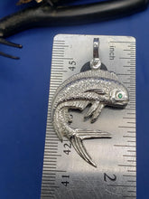 Load image into Gallery viewer, Sterling Silver Jumping Curved Mahi Mahi Dolphin Pendant with Green Gemstone Eye and Shackle Bail (Copy)