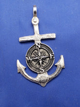 Load image into Gallery viewer, Sterling Silver Nautical Wood Anchor and Compass Pendant with Shackle Bail, Original Design by Crisol Jewelry, Unique Sea Jewelry Necklace