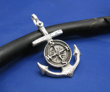 Load image into Gallery viewer, Sterling Silver Nautical Wood Anchor and Compass Pendant with Shackle Bail, Original Design by Crisol Jewelry, Unique Sea Jewelry Necklace
