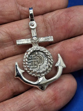 Load image into Gallery viewer, Sterling Silver Anchor With Small Reproduction Atocha Shipwreck Coin Pendant.