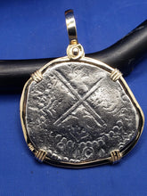 Load image into Gallery viewer, Large Piece of 8 Pirate Cob Doubloon Atocha Shipwreck Treasure Coin Replica With 14k Solid Yellow Gold Bezel and Custom Shackle Bail
