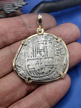 Load image into Gallery viewer, Large Piece of 8 Pirate Cob Doubloon Atocha Shipwreck Treasure Coin Replica With 14k Solid Yellow Gold Bezel and Custom Shackle Bail
