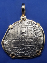 Load image into Gallery viewer, Large Piece of 8 Pirate Cob Doubloon Atocha Shipwreck Treasure Coin Replica With 14k Solid Yellow Gold Bezel and Custom Shackle Bail