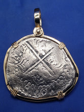 Load image into Gallery viewer, Large Piece of 8 Pirate Cob Doubloon Atocha Shipwreck Treasure Coin Replica With 14k Solid Yellow Gold Bezel and Custom Shackle Bail