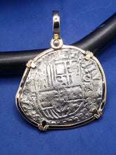 Load image into Gallery viewer, Large Piece of 8 Pirate Cob Doubloon Atocha Shipwreck Treasure Coin Replica With 14k Solid Yellow Gold Bezel and Custom Shackle Bail