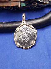 Load image into Gallery viewer, Solid 14kt Yellow Gold Hand-Bezeled "2 Reale" Shipwreck Reproduction Coin Pendant with Faded Markings