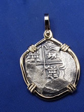 Load image into Gallery viewer, Solid 14kt Yellow Gold Hand-Bezeled "2 Reale" Shipwreck Reproduction Coin Pendant with Faded Markings