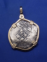 Load image into Gallery viewer, Solid 14kt Yellow Gold Hand-Bezeled "2 Reale" Shipwreck Reproduction Coin Pendant with Faded Markings