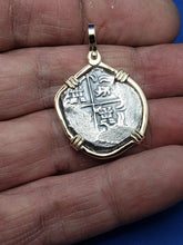 Load image into Gallery viewer, Solid 14kt Yellow Gold Hand-Bezeled "2 Reale" Shipwreck Reproduction Coin Pendant with Faded Markings