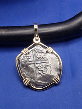 Load image into Gallery viewer, Solid 14kt Yellow Gold Hand-Bezeled "2 Reale" Shipwreck Reproduction Coin Pendant with Faded Markings