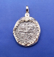 Load image into Gallery viewer, Sterling Silver Shark Jaw Bezel with Silver Atocha Shipwreck Pirate Coin Replica Pendant with Movable Shackle Bail Nautical Pendant