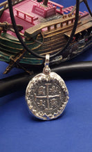 Load image into Gallery viewer, Sterling Silver Shark Jaw Bezel with Silver Atocha Shipwreck Pirate Coin Replica Pendant with Movable Shackle Bail Nautical Pendant