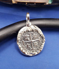 Load image into Gallery viewer, Sterling Silver Shark Jaw Bezel with Silver Atocha Shipwreck Pirate Coin Replica Pendant with Movable Shackle Bail Nautical Pendant