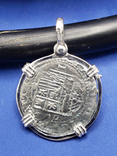 Load image into Gallery viewer, Sterling Silver Mahi Mahi Dolphin Bezel With Pirate Coin Doubloon "1 Reale" Replica Atocha Shipwreck Pendant with Shackle Bail