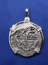 Load image into Gallery viewer, Sterling Silver Mahi Mahi Dolphin Bezel With Pirate Coin Doubloon "1 Reale" Replica Atocha Shipwreck Pendant with Shackle Bail