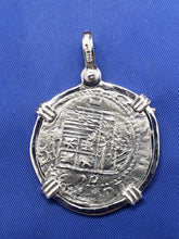 Load image into Gallery viewer, Sterling Silver Mahi Mahi Dolphin Bezel With Pirate Coin Doubloon "1 Reale" Replica Atocha Shipwreck Pendant with Shackle Bail