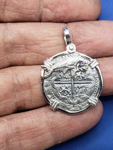 Load image into Gallery viewer, Sterling Silver Mahi Mahi Dolphin Bezel With Pirate Coin Doubloon "1 Reale" Replica Atocha Shipwreck Pendant with Shackle Bail