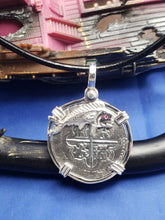 Load image into Gallery viewer, Sterling Silver Mahi Mahi Dolphin Bezel With Pirate Coin Doubloon "1 Reale" Replica Atocha Shipwreck Pendant with Shackle Bail