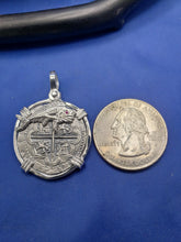 Load image into Gallery viewer, Sterling Silver Mahi Mahi Dolphin Bezel With Pirate Coin Doubloon "1 Reale" Replica Atocha Shipwreck Pendant with Shackle Bail