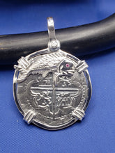 Load image into Gallery viewer, Sterling Silver Mahi Mahi Dolphin Bezel With Pirate Coin Doubloon "1 Reale" Replica Atocha Shipwreck Pendant with Shackle Bail