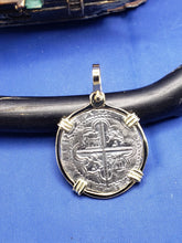 Load image into Gallery viewer, Solid 14kt Yellow Gold Bezel With Pirate Coin Doubloon "2 Reale" Replica Atocha Shipwreck Pendant with Shackle Bail