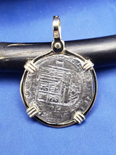 Load image into Gallery viewer, Solid 14kt Yellow Gold Bezel With Pirate Coin Doubloon "2 Reale" Replica Atocha Shipwreck Pendant with Shackle Bail