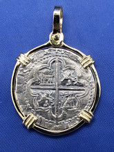 Load image into Gallery viewer, Solid 14kt Yellow Gold Bezel With Pirate Coin Doubloon "2 Reale" Replica Atocha Shipwreck Pendant with Shackle Bail