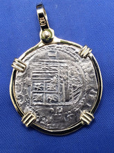 Load image into Gallery viewer, Solid 14kt Yellow Gold Bezel With Pirate Coin Doubloon "2 Reale" Replica Atocha Shipwreck Pendant with Shackle Bail