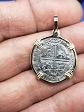 Load image into Gallery viewer, Solid 14kt Yellow Gold Bezel With Pirate Coin Doubloon "2 Reale" Replica Atocha Shipwreck Pendant with Shackle Bail