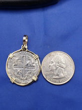 Load image into Gallery viewer, Solid 14kt Yellow Gold Bezel With Pirate Coin Doubloon "2 Reale" Replica Atocha Shipwreck Pendant with Shackle Bail