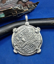 Load image into Gallery viewer, Sterling Silver Atocha Coin Pendant: Sapphire Bezel, Pirate Shipwreck Replica