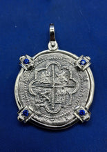 Load image into Gallery viewer, Sterling Silver Atocha Coin Pendant: Sapphire Bezel, Pirate Shipwreck Replica