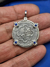 Load image into Gallery viewer, Sterling Silver Atocha Coin Pendant: Sapphire Bezel, Pirate Shipwreck Replica