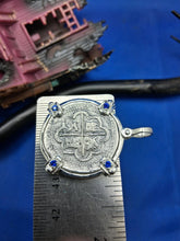 Load image into Gallery viewer, Sterling Silver Atocha Coin Pendant: Sapphire Bezel, Pirate Shipwreck Replica