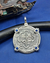 Load image into Gallery viewer, Sterling Silver Atocha Coin Pendant: Sapphire Bezel, Pirate Shipwreck Replica