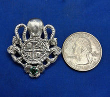 Load image into Gallery viewer, Sterling Silver Octopus Holding Replica Atocha Pirate Coin With Simulated Emerald Pendant