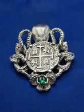 Load image into Gallery viewer, Sterling Silver Octopus Holding Replica Atocha Pirate Coin With Simulated Emerald Pendant
