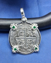 Load image into Gallery viewer, Sterling Silver 2 Reale Replica Atocha Shipwreck Pirate Coin Pendant with Emeralds on Bezel