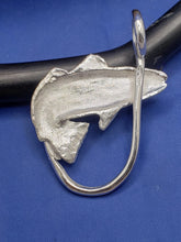 Load image into Gallery viewer, Large Unique Sterling Silver Curved Red Fish  Red Stone on Eye and Black onyx on Spot With Fish Hook Pendant